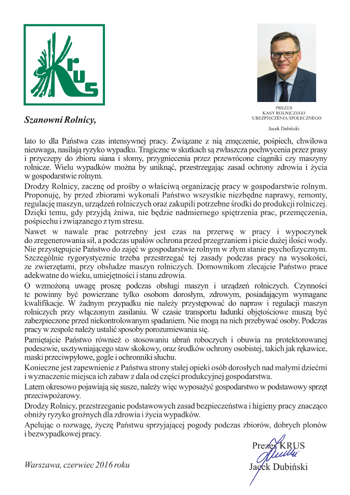 plakat - Apel Prezesa KRUS do rolników lato  2016
