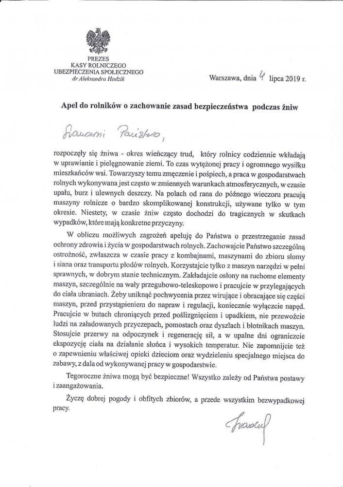 Pismo Prezesa KRUS - Apel do rolników