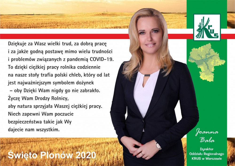 Życzenia Dyrektora Oddziału Regionalnego KRUS w Warszawie - Święto Plonów 2020