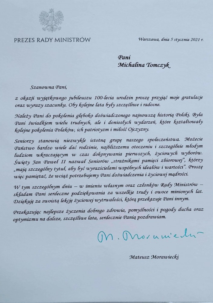 Zdjęcie dokumentu - Lista gratulacyjny Prezesa Rady Ministrów dla Pani Michaliny Tomczyk z okazji jubileuszu 100-lecia urodzin